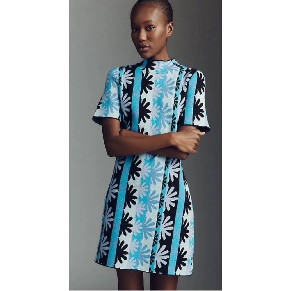 Anthropologie Nina Mock Neck Knit Mini Sweater Dress Blue Flora Medium Petit NWT